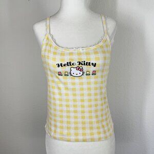 Sanrio Hello Kitty Tank Top Yellow Gingham Size M Lace Trim Cami